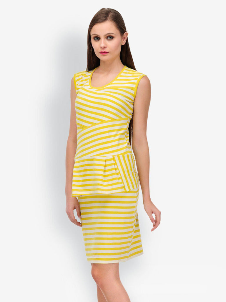 Color Cocktail Yellow &amp; White Striped Peplum Dress