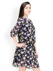 Color Cocktail Navy and White Printed A-line Dress