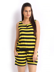 Cottinfab Women Black &amp; Yellow Striped Playsuit
