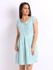 Cottinfab White &amp; Blue Printed Fit &amp; Flare Dress