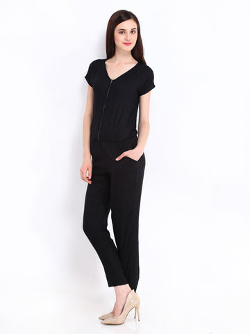 D Muse Women Black Zipper 70s Berry Jumpsuit