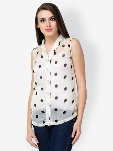 Dazzgear Women White Polka Dot Print Shirt