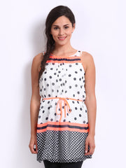 Deal Jeans Women White &amp; Black Polka Dot Printed Tunic