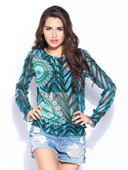 Desigual Women Teal Blue Printed Top