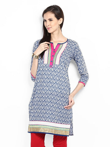 Diya Women Blue &amp; White Printed Kurta