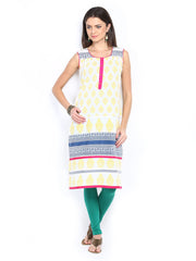 Diya Women White &amp; Yellow Printed Kurta