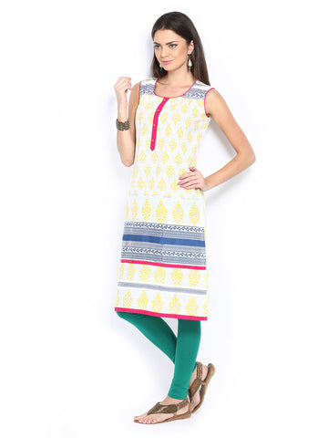 Diya Women White &amp; Yellow Printed Kurta