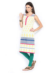 Diya Women White &amp; Yellow Printed Kurta