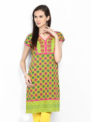 Diya Women Yellow &amp; Pink Printed Kurta