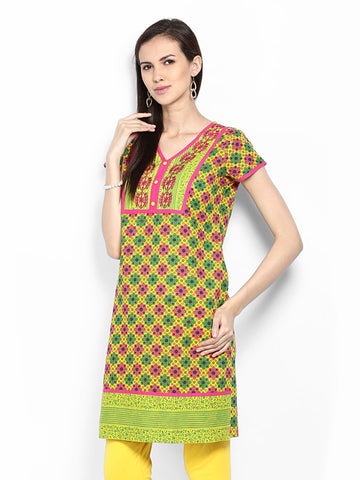 Diya Women Yellow &amp; Pink Printed Kurta