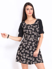 DressBerry Black Floral Print Flare Berry Dress
