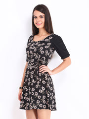 DressBerry Black Floral Print Flare Berry Dress