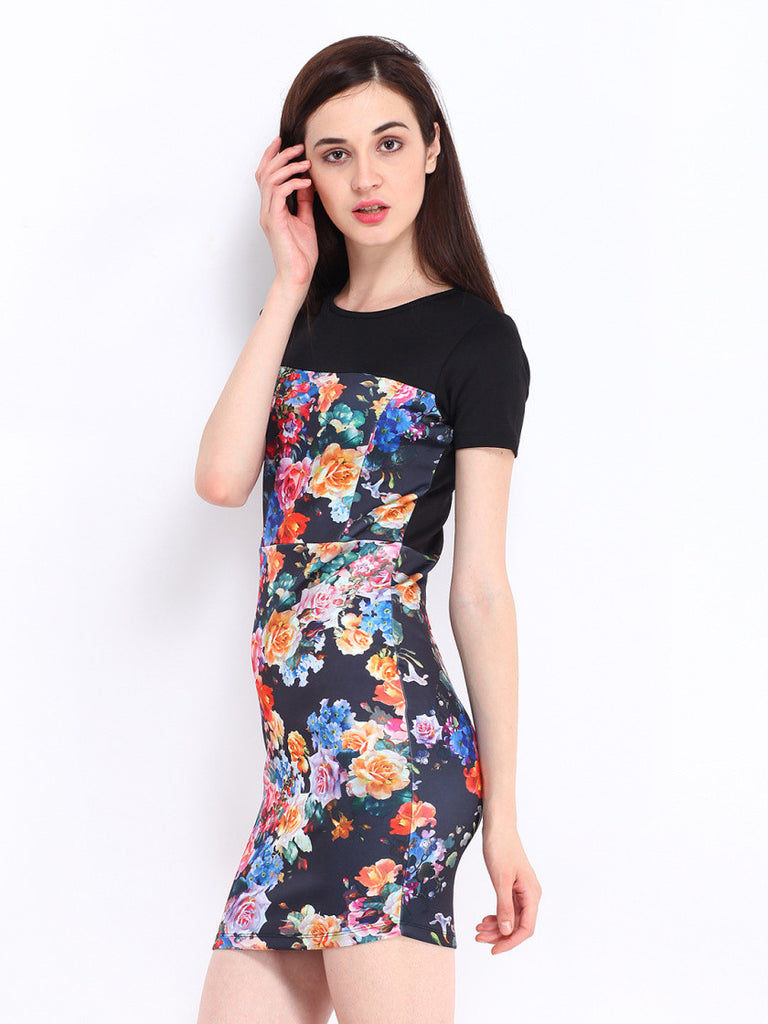 DressBerry Black Floral Print Cling Berry Dress