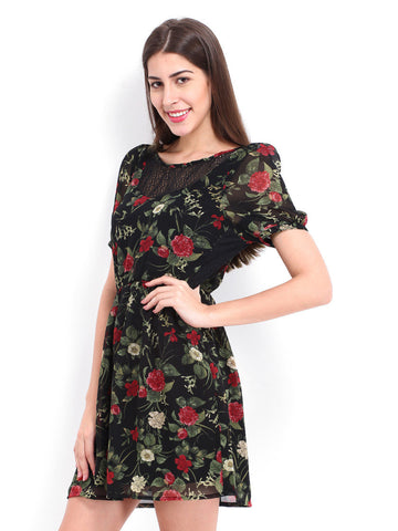 DressBerry Charcoal Black Floral Print Flare Berry Dress