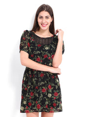 DressBerry Charcoal Black Floral Print Flare Berry Dress
