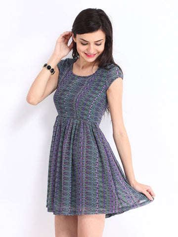 DressBerry Green &amp; Purple Printed Flare Berry Dress