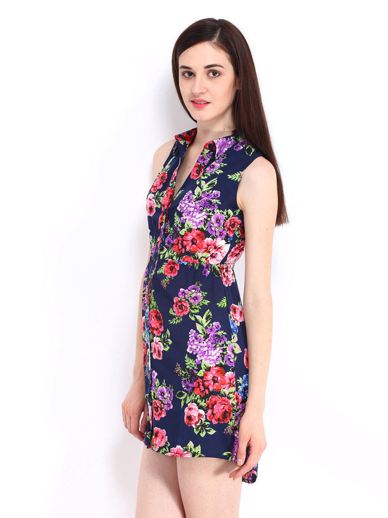 DressBerry Navy Floral Print Collar Berry Dress