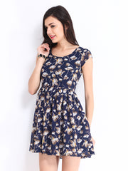 DressBerry Navy Printed Flare Berry Dress