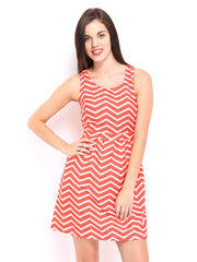 DressBerry Coral Red &amp; White Printed Slash Berry Dress