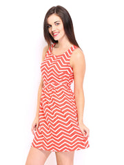 DressBerry Coral Red &amp; White Printed Slash Berry Dress