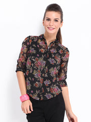 DressBerry Women Black Sheer Floral Print Shirt