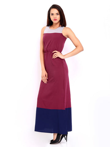 DressBerry Burgundy Panelled Color Block Maxi Berry Dress