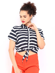 DressBerry Women Navy &amp; White Striped Crop Top