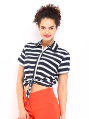 DressBerry Women Navy &amp; White Striped Crop Top