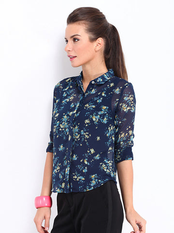 DressBerry Women Navy Sheer Printed Shirt
