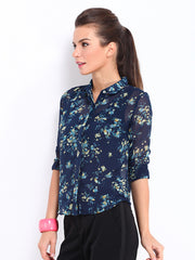 DressBerry Women Navy Sheer Printed Shirt