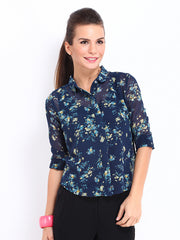 DressBerry Women Navy Sheer Printed Shirt