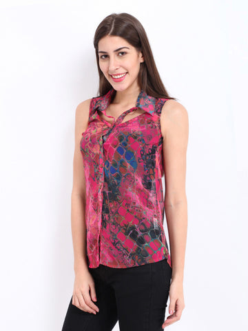 DressBerry Women Pink Printed Sheer Shirt