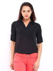 DressBerry Women Black Cross Placket Shirt