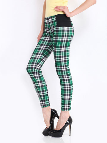 DressBerry Women White &amp; Green Checked Treggings