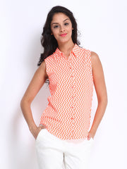 DressBerry Women White &amp; Neon Orange Printed Shirt
