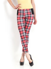 DressBerry Women White &amp; Red Checked Treggings
