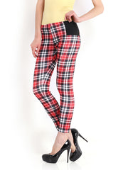 DressBerry Women White &amp; Red Checked Treggings