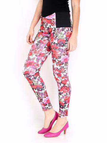 DressBerry Women White &amp; Red Floral Print Treggings