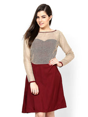 Eavan Maroon &amp; Beige Fit &amp; Flare Dress
