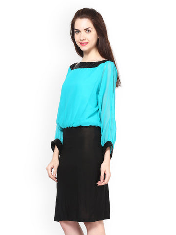 Eavan Turquoise Blue &amp; Black Blouson Dress