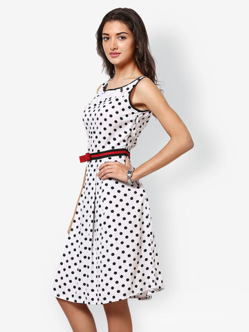 Eavan White Polka Dot Printed Fit &amp; Flare Dress