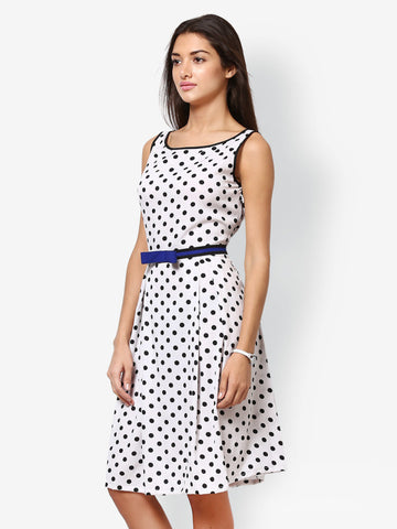 Eavan White Polka Dot Printed Fit &amp; Flare Dress