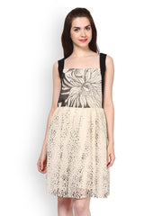 Eavan Off-White &amp; Black Printed Fit &amp; Flare Dress