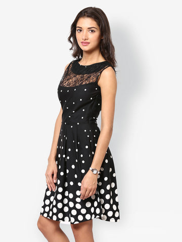 Eavan Black Polka Dot Printed Fit &amp; Flare Dress