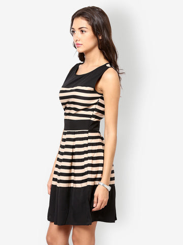 Eavan Black &amp; Beige Striped Fit &amp; Flare Dress