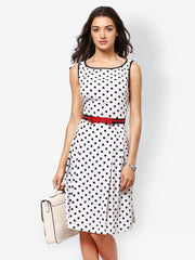 Eavan White Polka Dot Printed Fit &amp; Flare Dress