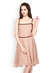 Eavan Beige Polka Dot Print Fit &amp; Flare Dress