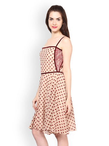 Eavan Beige Polka Dot Print Fit &amp; Flare Dress