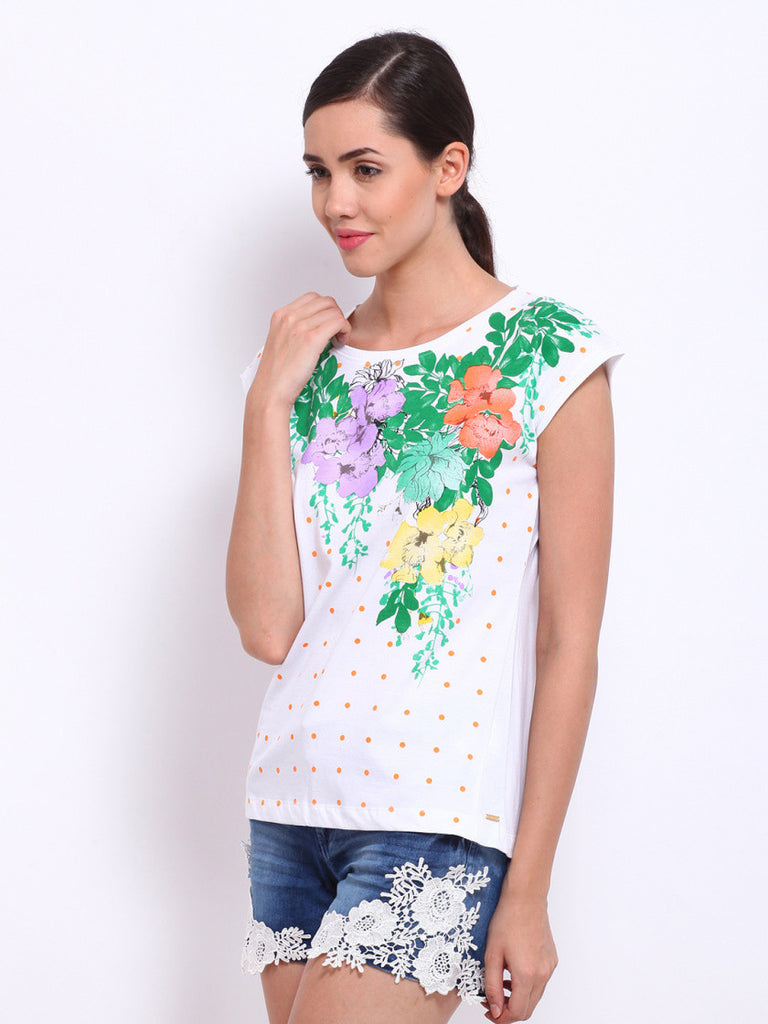 Elle Women White Floral Print T-shirt