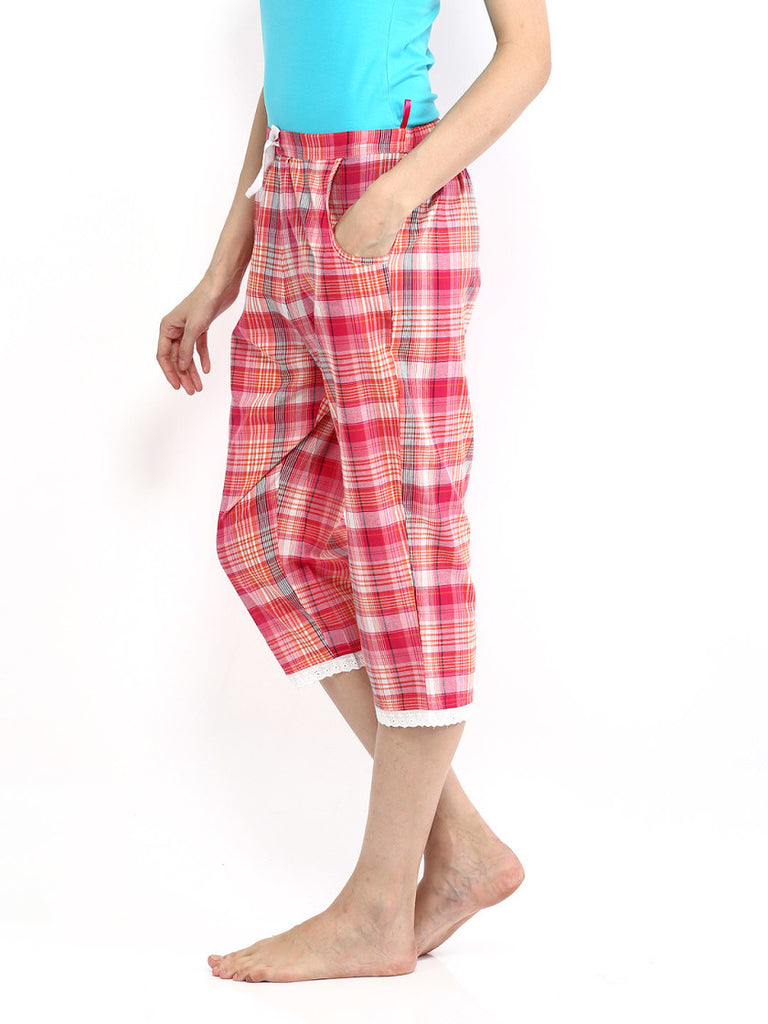 Enamor Pink &amp; Orange Checked Lounge Capris PJ13-FRESIA